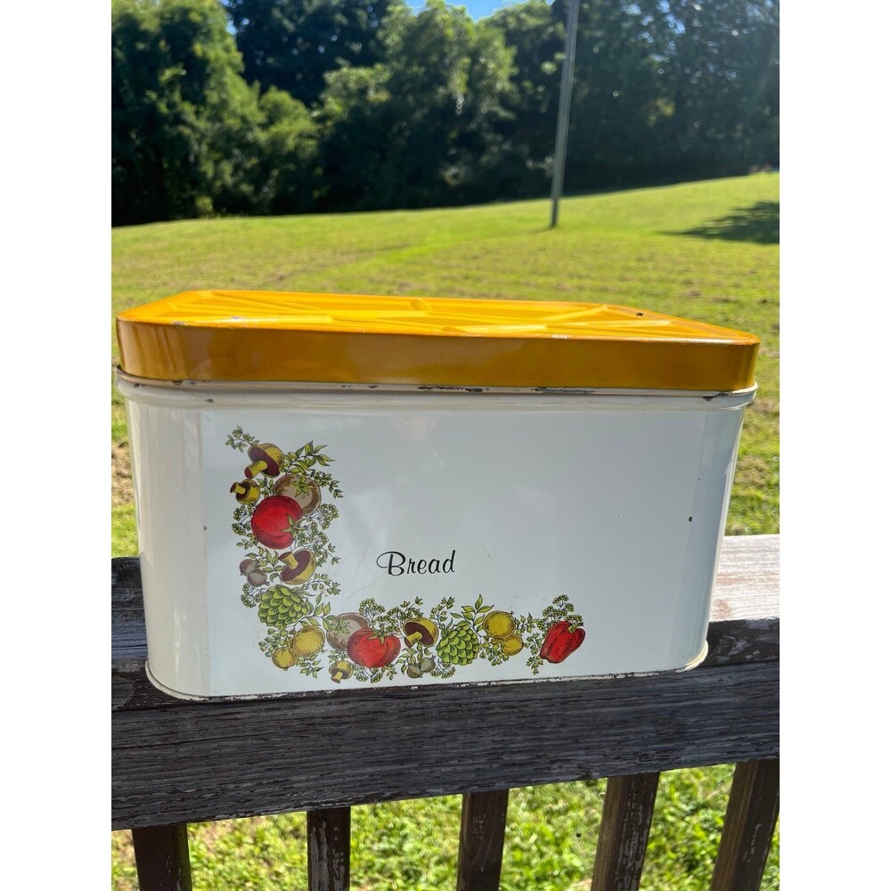 Bread Box Metal Spice of Life Mushroom Vegetable USA Yellow Lid Vintage MCM